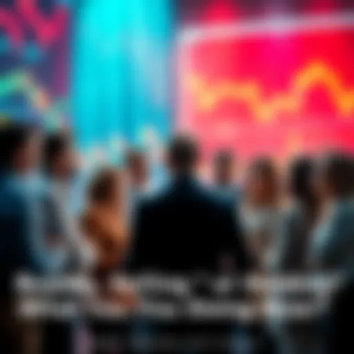 A group of people talking about buying and selling assets, with stock market charts in the background