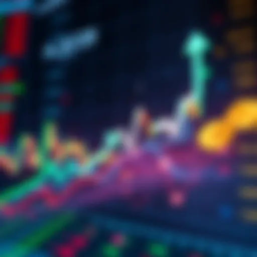 A chart displaying rising and falling prices of stocks and cryptocurrencies with arrows indicating trends.