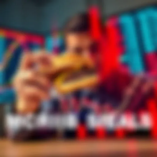 A person examining a McRib sandwich alongside stock market charts, highlighting the trend of using McRib cues in investing.