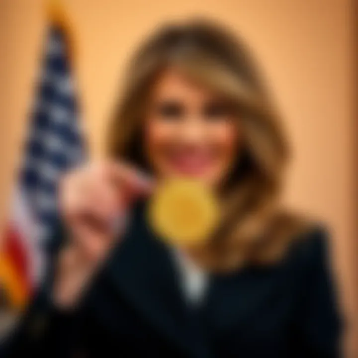 Melania Trump holding a memecoin promoting it with a smile, amid financial headlines about $10 million allegations
