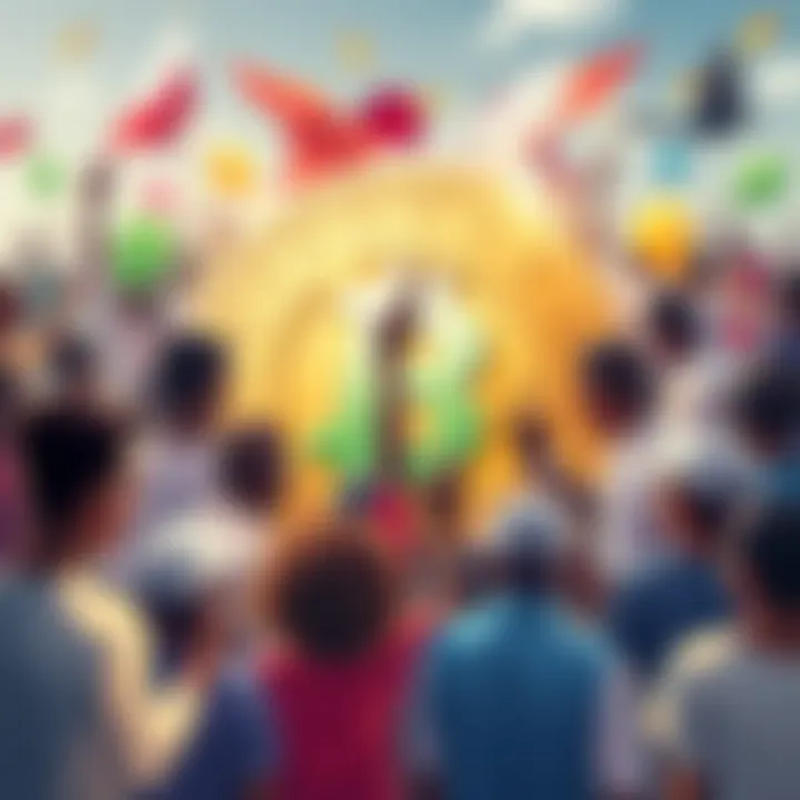 Meme Coin Symbol and Community Support A vibrant illustration showing a meme coin symbol surrounded by people engaging in community activities and donations to fight poverty.