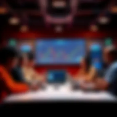 A group of diverse people discussing memecoins at a table with charts and laptops, highlighting community support in trading.
