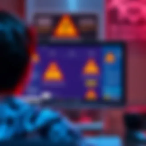 A person looking at a computer screen displaying MetaMask interface with warning signs related to phishing attacks in the background.