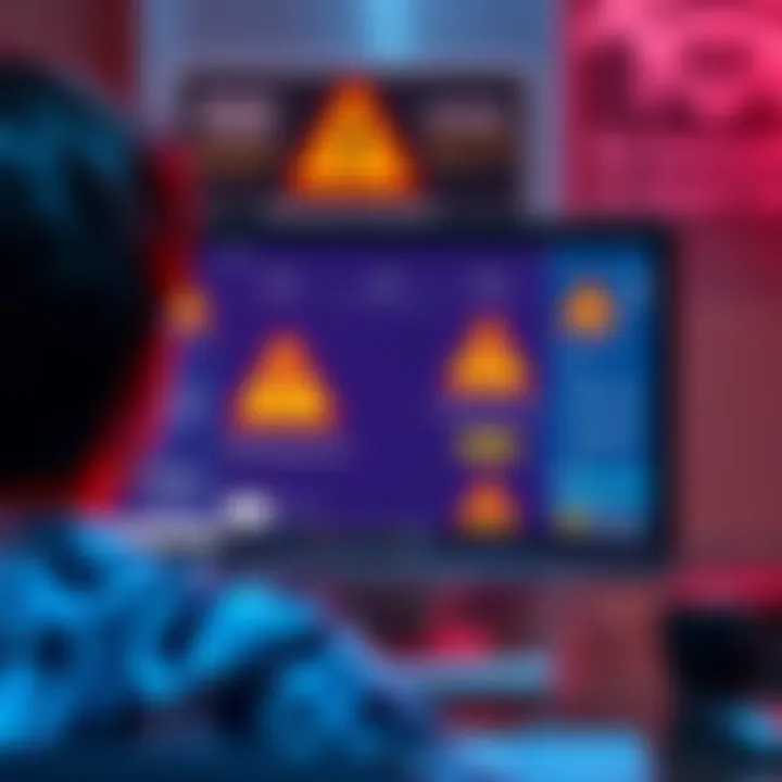 A person looking at a computer screen displaying MetaMask interface with warning signs related to phishing attacks in the background.