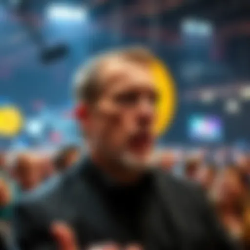 Michael Saylor speaking at a Bitcoin event, with a concerned audience in the background
