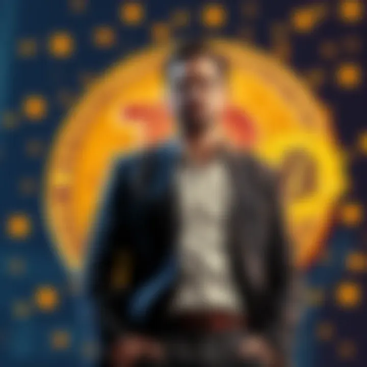 Michael Saylor standing confidently with Bitcoin symbols in the background, symbolizing his financial strategy.