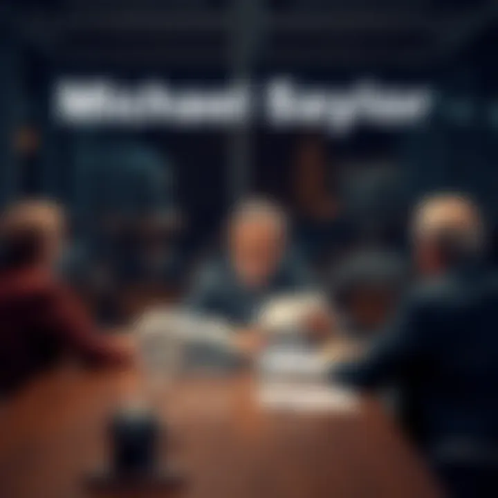Michael Saylor seated at a conference table discussing company strategy, looking thoughtfully at documents