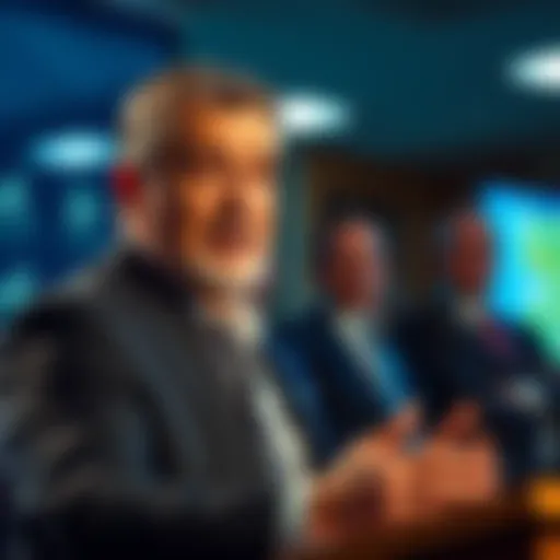 Michael Saylor speaking at a press conference with a concerned expression as he discusses MSTR's share value.