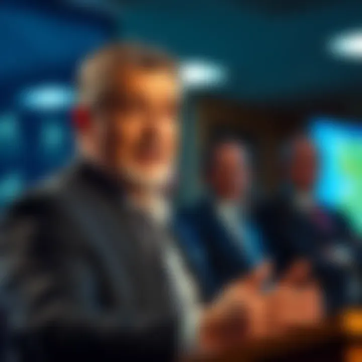 Michael Saylor speaking at a press conference with a concerned expression as he discusses MSTR's share value.