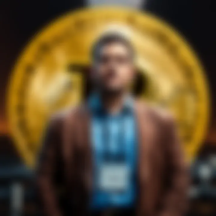 Michael Saylor standing confidently with a Bitcoin logo in the background, indicating his commitment to holding BTC.