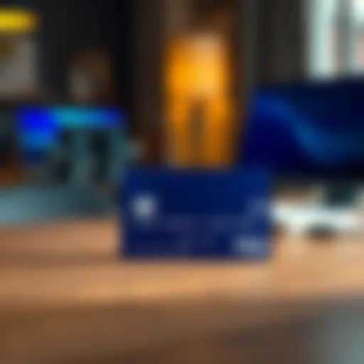 A physical midnight blue card displayed on a wooden table with a computer and a notepad in the background.