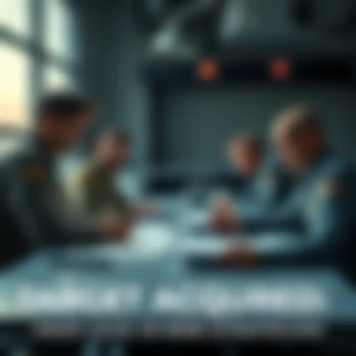 A group of defense experts discussing acquisition strategies around a table with charts and documents.