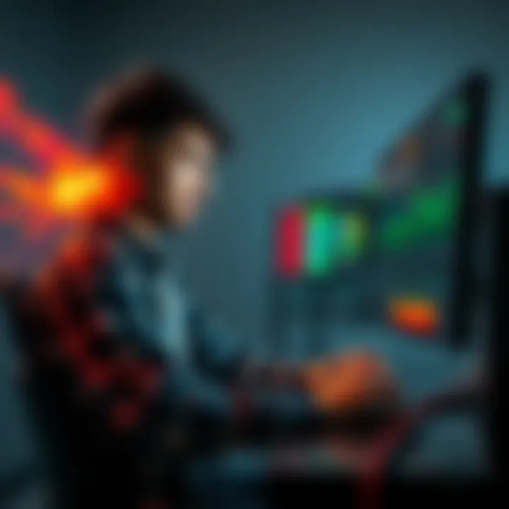 A person sitting at a computer with a frustrated expression, showing excessive heat coming from the CPU, comparing mining software on the screen