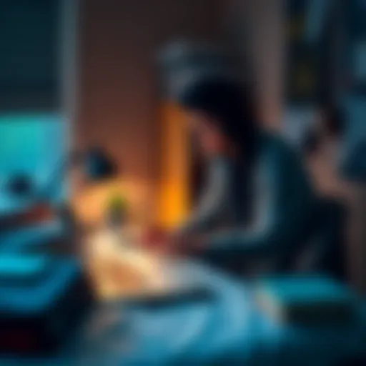 A college student setting up a mini Bitcoin miner on a desk in their dorm room, with a laptop and some college books nearby.