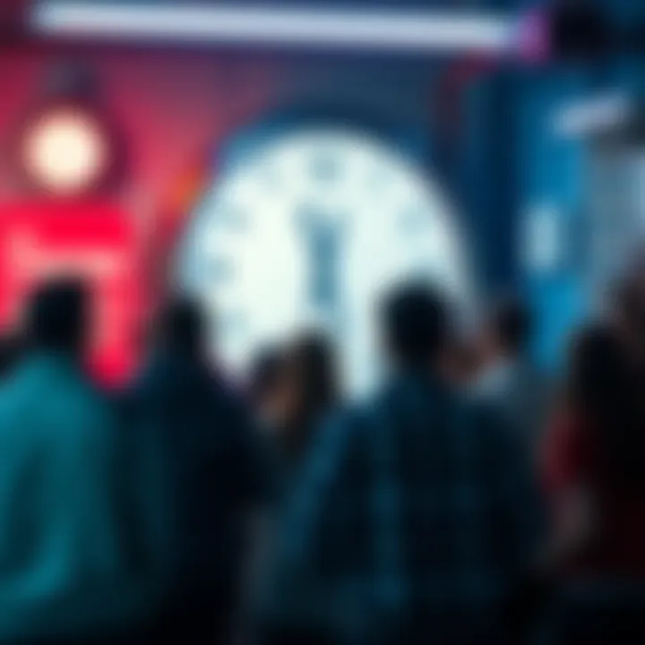 Minigame Group Voting on Daylight Savings People participating in a minigame group discussion about Daylight Savings changes, with a clock in the background.