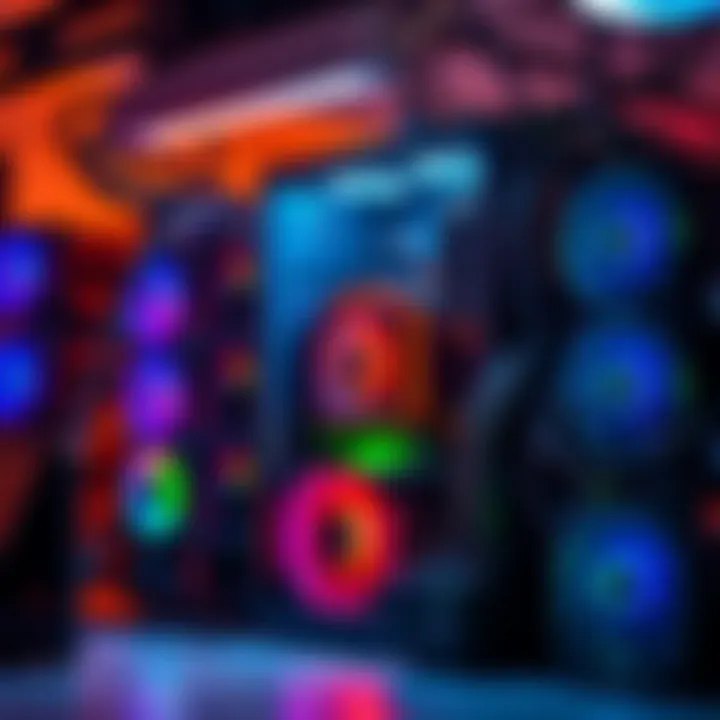 A detailed view of a mining rig with multiple GPUs and cooling systems in a workspace setting.