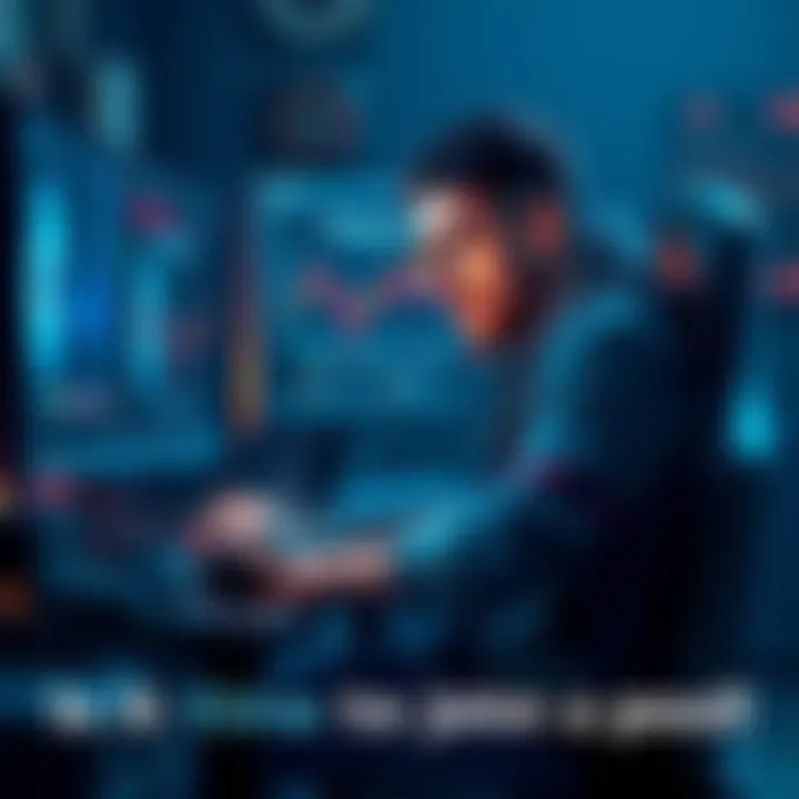 A miner sitting at a desk looking frustrated with computer hardware and charts depicting mining rewards, contemplating joining a mining pool.