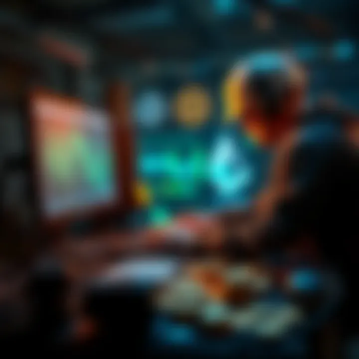 A miner working on a computer setup with graphics cards, focusing on mining ϙubic and Monero coins, surrounded by digital currency tokens.