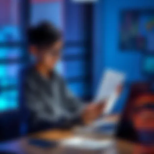 A young person sitting at a desk with a laptop, looking at cryptocurrency exchange options, holding their phone in one hand and a bank statement in the other.
