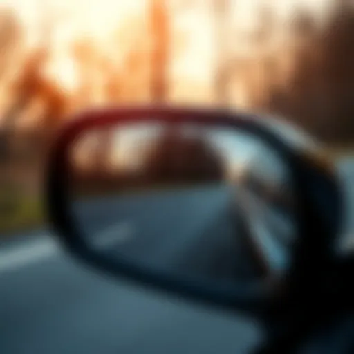 A side view of a car's side mirror showing a reflection of a road and trees, illustrating the phrase about perception and reality.