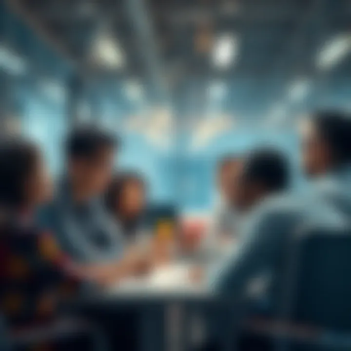 A diverse group of people discussing innovation strategies in a modern office setting.