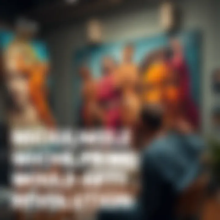 An artist in a studio creates a mural inspired by Michelangelo's techniques, showcasing strong colors and dynamic figures.