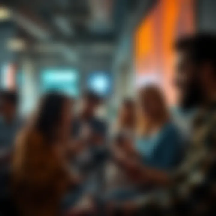 People engaging in conversations using various digital devices, showcasing trends in communication in 2025.