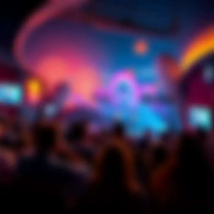 A vibrant scene showing people enjoying various forms of entertainment, such as movies, music, and theater.