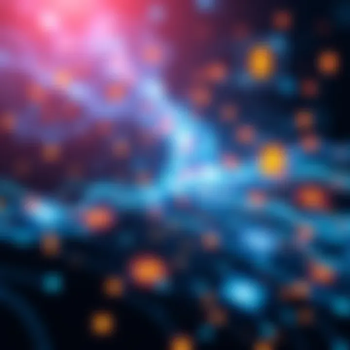 A digital representation of innovative financial technologies transforming ledgers, showing flowing data streams and connected financial symbols.