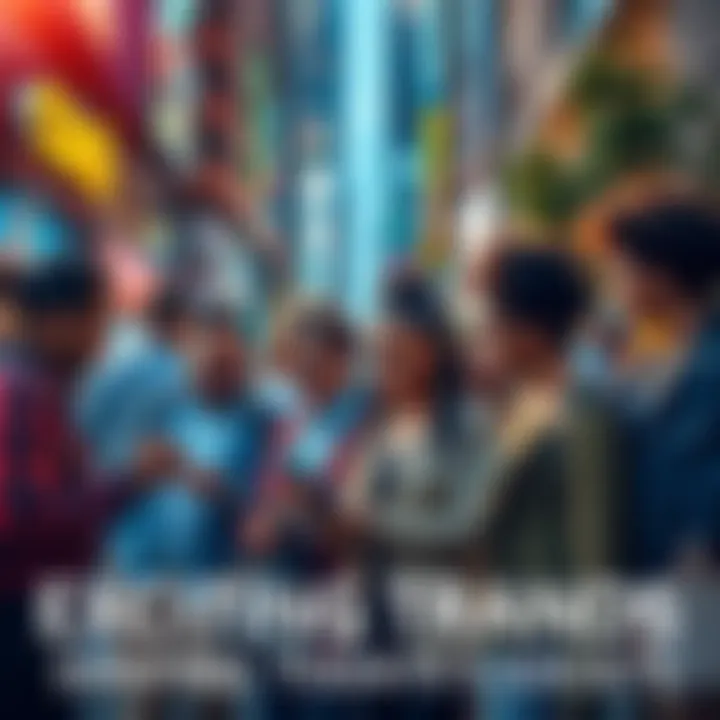 A diverse group of people engaging with technology and sustainable practices in a vibrant urban setting