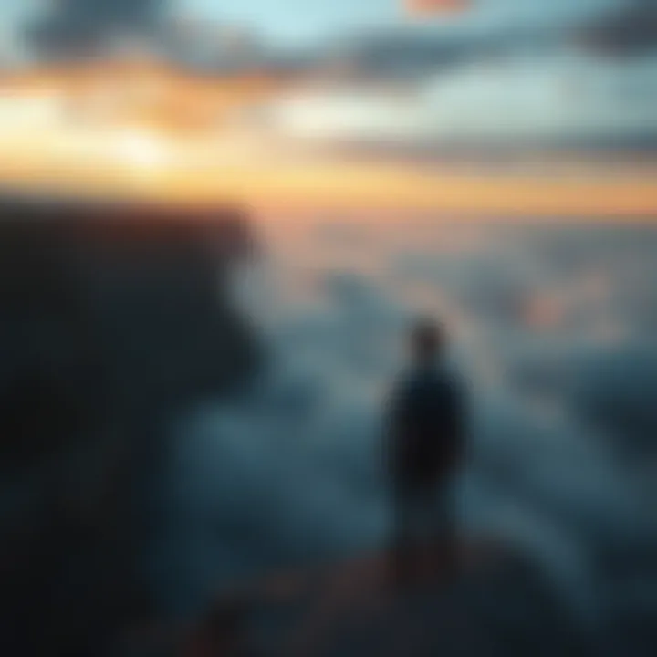 A person standing alone on a cliff, looking out at the horizon with a thoughtful expression, symbolizing a moment of clarity and change.