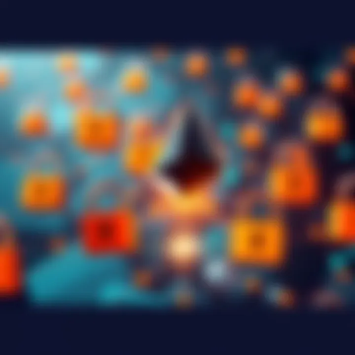Illustration showing a network of masternodes enhancing security for Monero, with locks symbolizing protection against attacks and centralization.