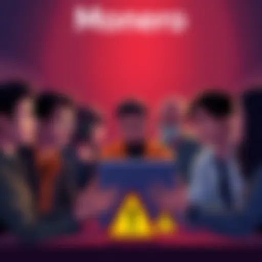 Illustration showing a group of concerned people discussing online, with warning signs symbolizing misinformation about Monero