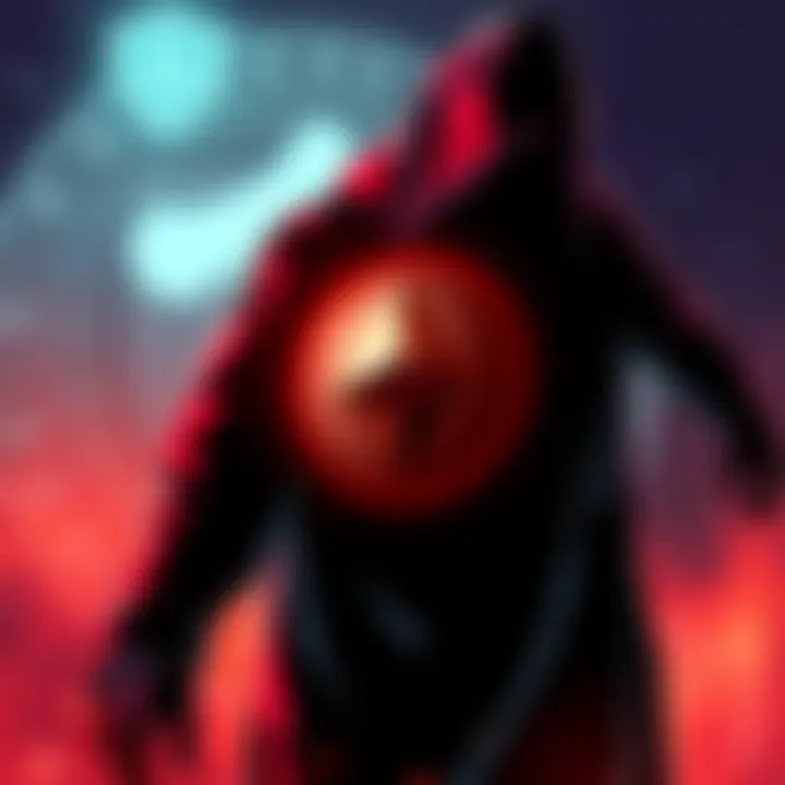 A digital illustration of a 51% attacker shifting focus from Monero to Dogecoin, with a representation of the Dogecoin logo in the background and a shadowy figure looming over it.
