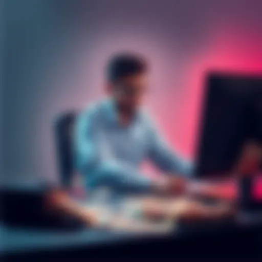 A frustrated miner sitting at a computer, looking at Monero transaction options, with Indian currency notes scattered on the desk.