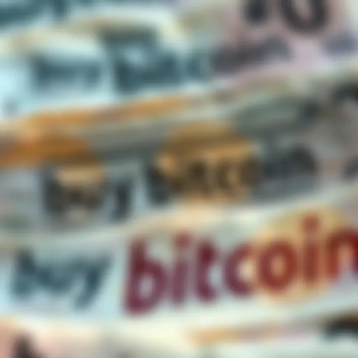 Paper bills marked with the phrase 'buy bitcoin', showcasing a trend in Europe as people advocate for cryptocurrency over cash.