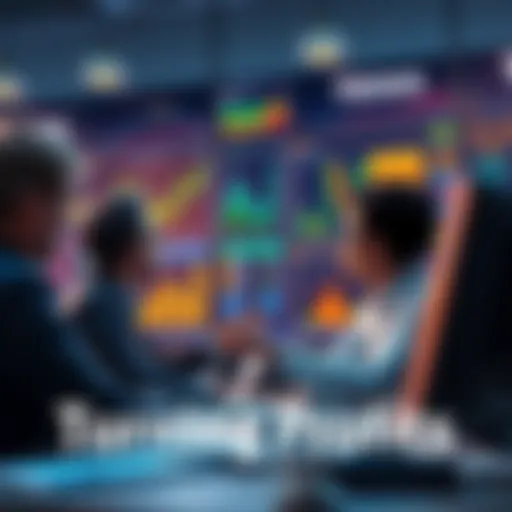 A group of people discussing money-making strategies with charts and graphs in the background