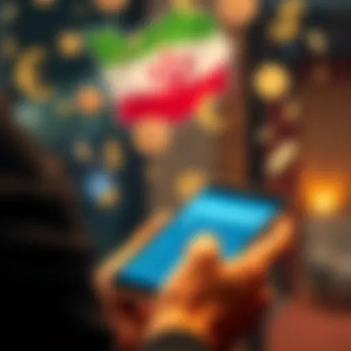 A person using a smartphone to explore money transfer options from Iran to another country, with currency symbols in the background.