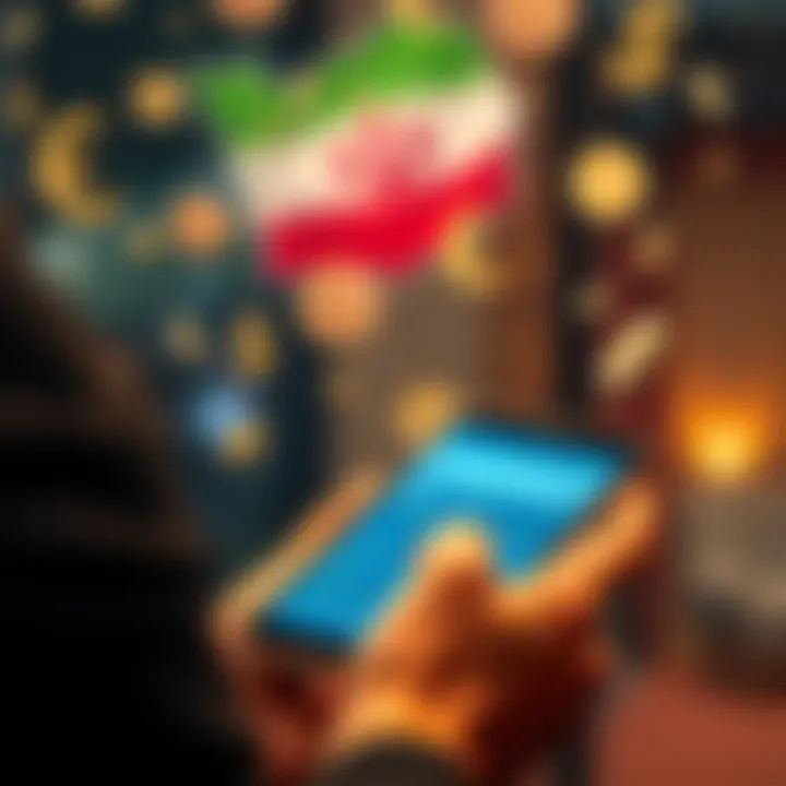 A person using a smartphone to explore money transfer options from Iran to another country, with currency symbols in the background.