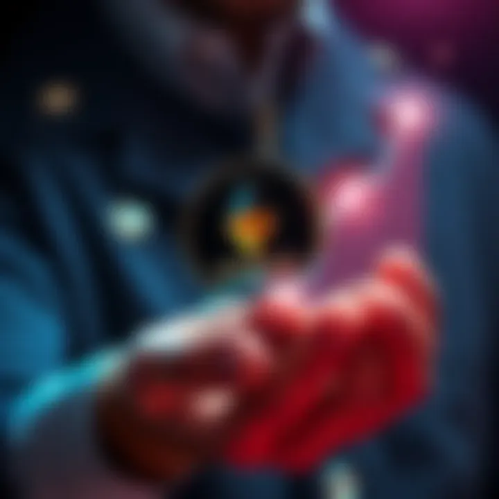 A person holding Ethereum coins with a graph showing an upward trend towards $10k