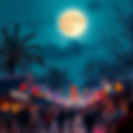 A vibrant scene of people celebrating Moonvember with lights and decorations under a glowing moon.