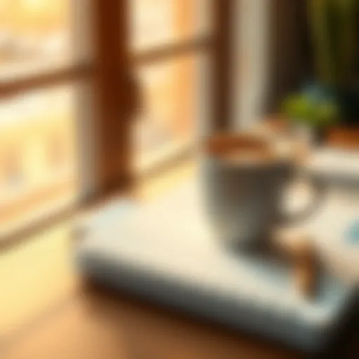A coffee cup beside a notebook and a sunny window, symbolizing a productive morning routine.