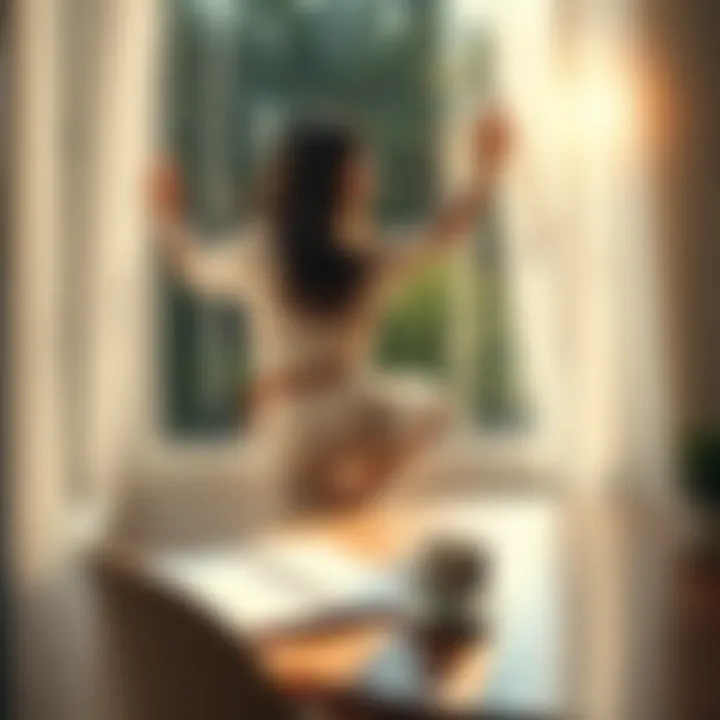 A person stretching by a window with sunlight streaming in, a planner and coffee on a table nearby, symbolizing a productive start to the day.