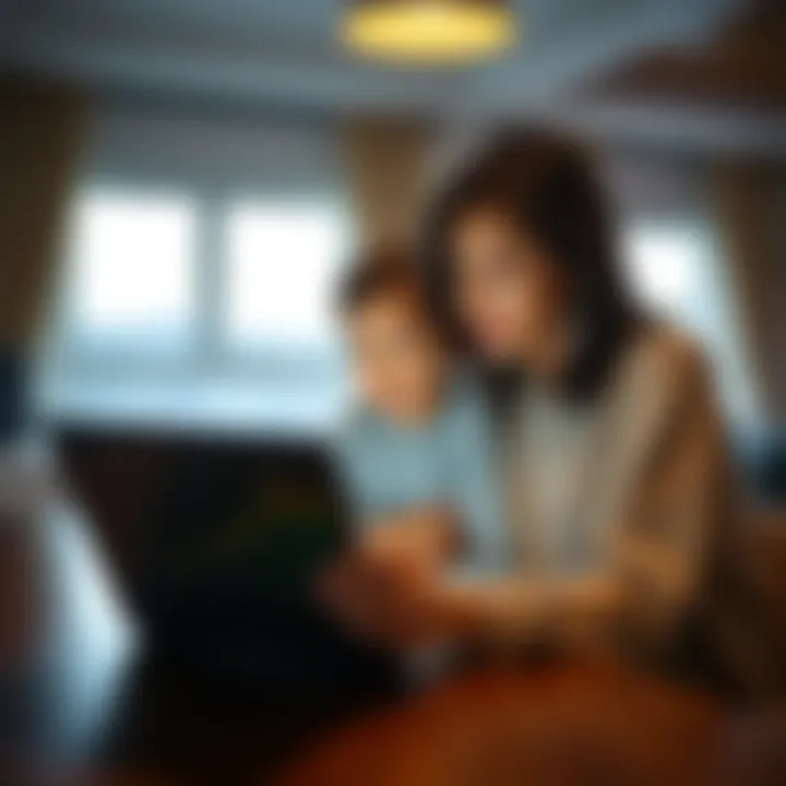 A mother and her child sit together at a table, looking at a laptop screen showing Bitcoin prices and charts. They appear engaged in a conversation about investing.