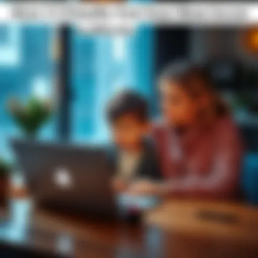 A woman and her child sit at a table, looking at a laptop together, discussing Bitcoin investment. The child is showing excitement, while the mother appears thoughtful.