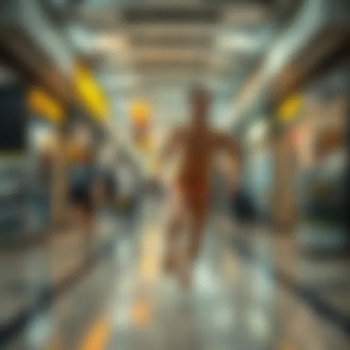 A person sprinting through a mall without clothes, looking shocked and excited, with shoppers reacting in surprise.