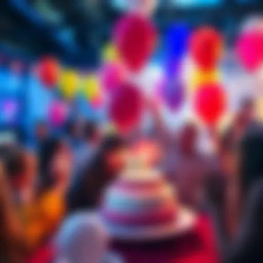 A lively birthday party scene in Amsterdam with balloons, cake, and people celebrating.