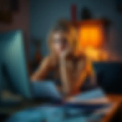 A woman sitting at a computer with a worried expression, surrounded by papers showing financial documents and email notifications, representing the urgency of retrieving lost crypto information.