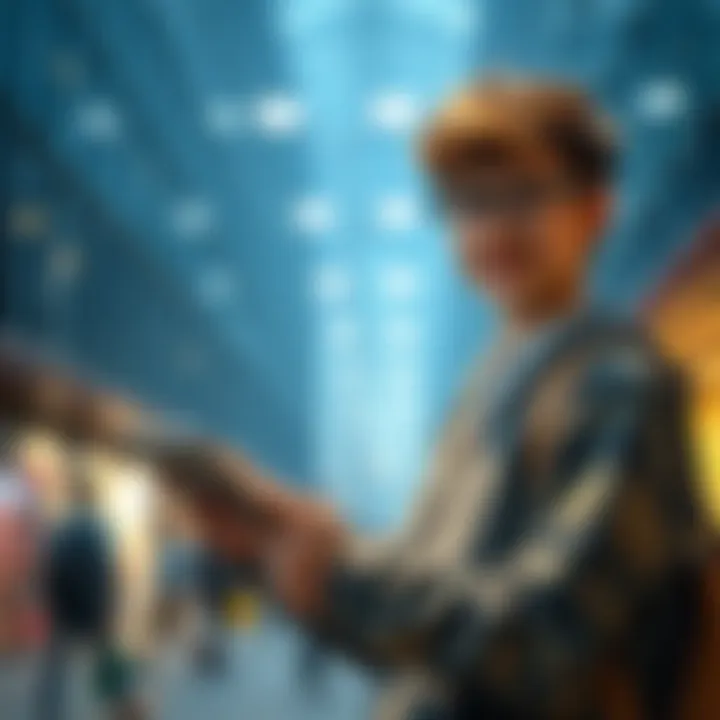 A young student holding a tablet, inviting people to participate in a survey about neobanks in Germany, with a welcoming smile.