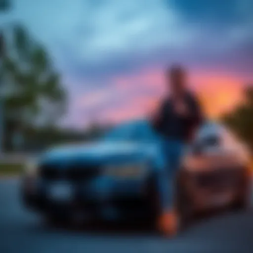 A person happily stands next to their new BMW, showcasing their excitement after buying it with cryptocurrency earnings.